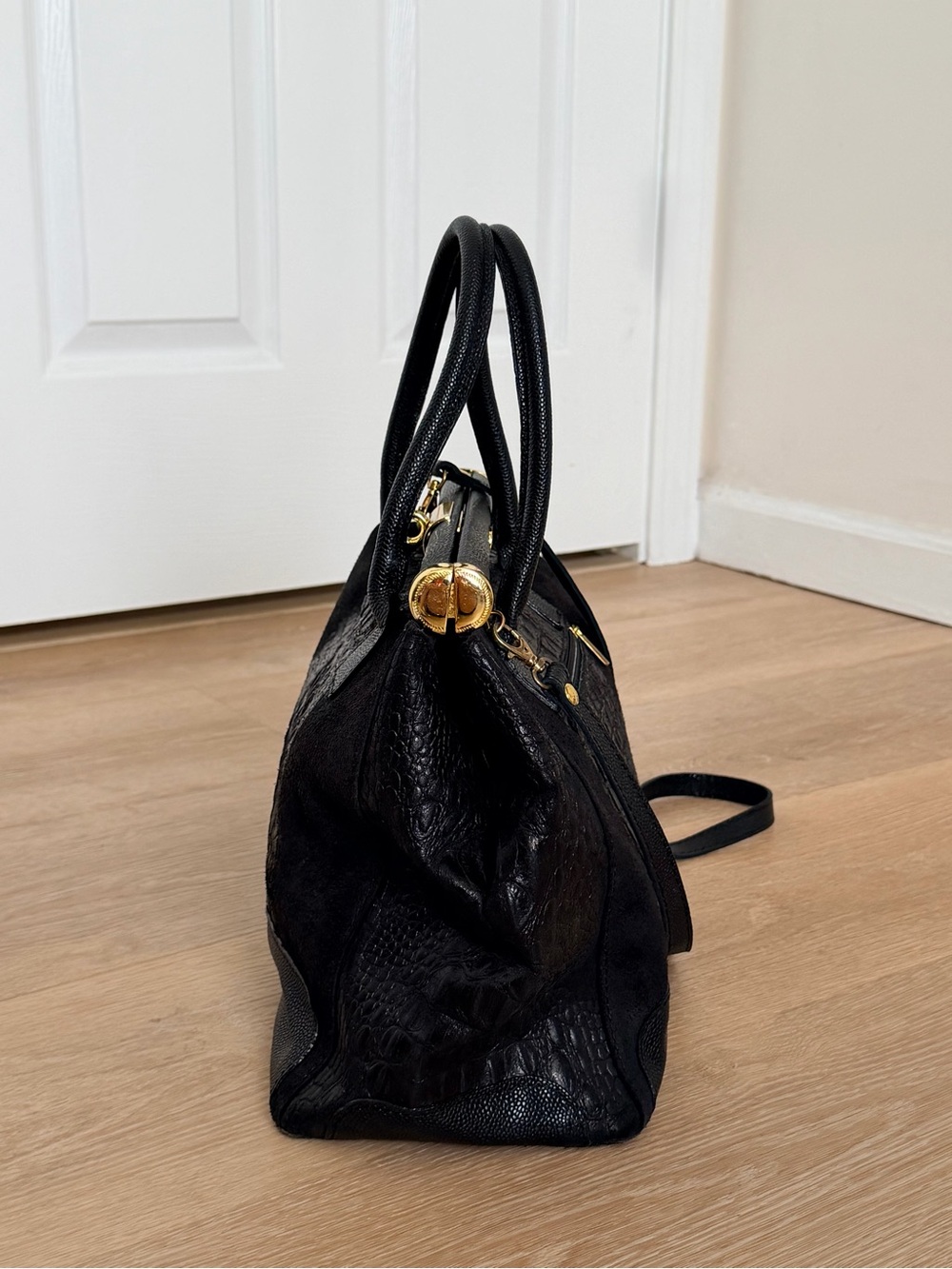 Italy Made Genuine Leather Croc Embossed Satchel Bag Suede Lock Crossbody Large - Picture 4 of 12